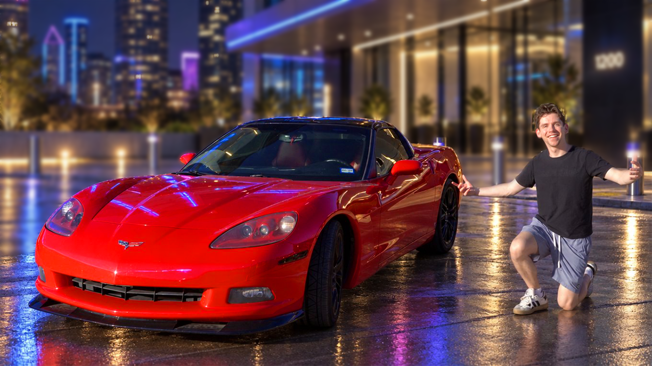 Corey Eyring beside his red Chevrolet Corvette C6 in Austin